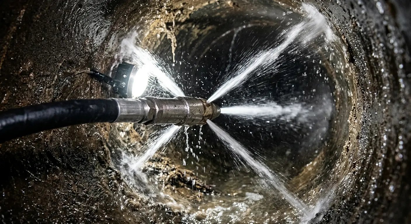 High-pressure hydro jetting nozzle cleaning sewer pipe for Sewer Cleanout in West Allis