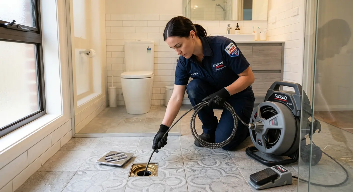 Technician clearing a bathroom floor drain for Drain Repair in West Allis